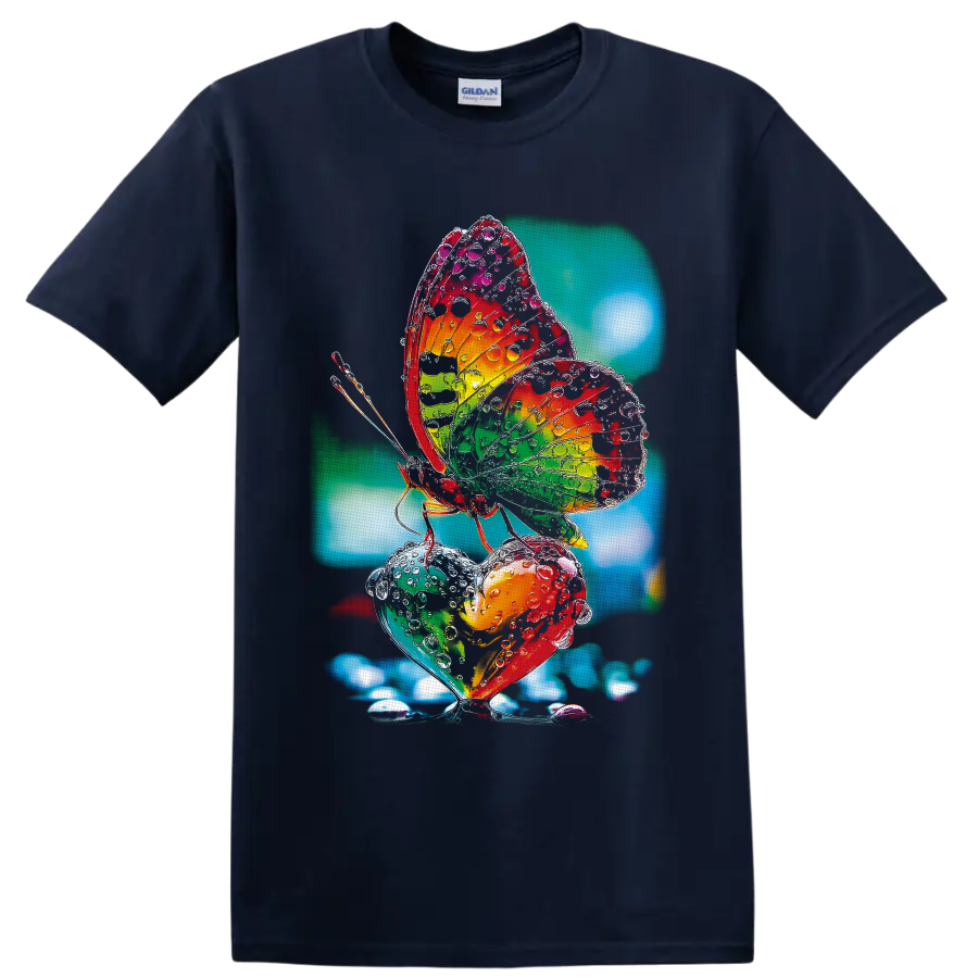 Rainbow butterfly with water droplets over heart-shaped botanical art on a Navy (Blue) T Shirt