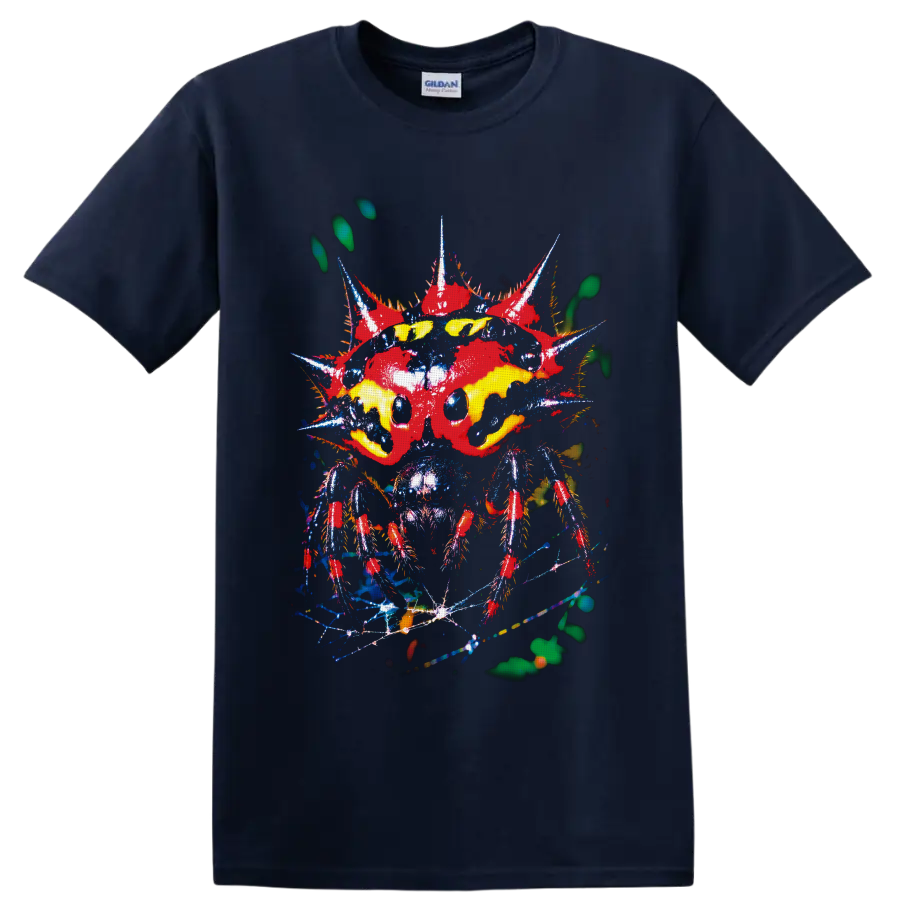 Surreal neon spiked insect with yellow eyes and distressed punk-style details on a Navy (Blue) T Shirt