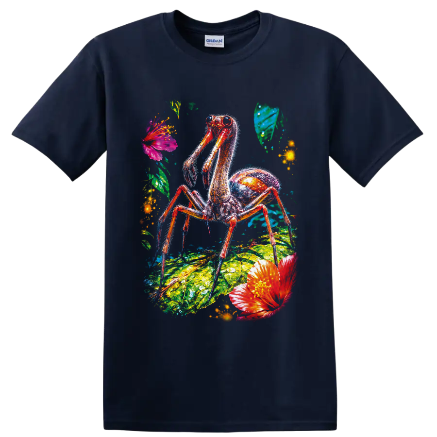 Neon camel spider arachnid on tropical leaf with vivid flowers and glowing accents on a Navy (Blue) T Shirt
