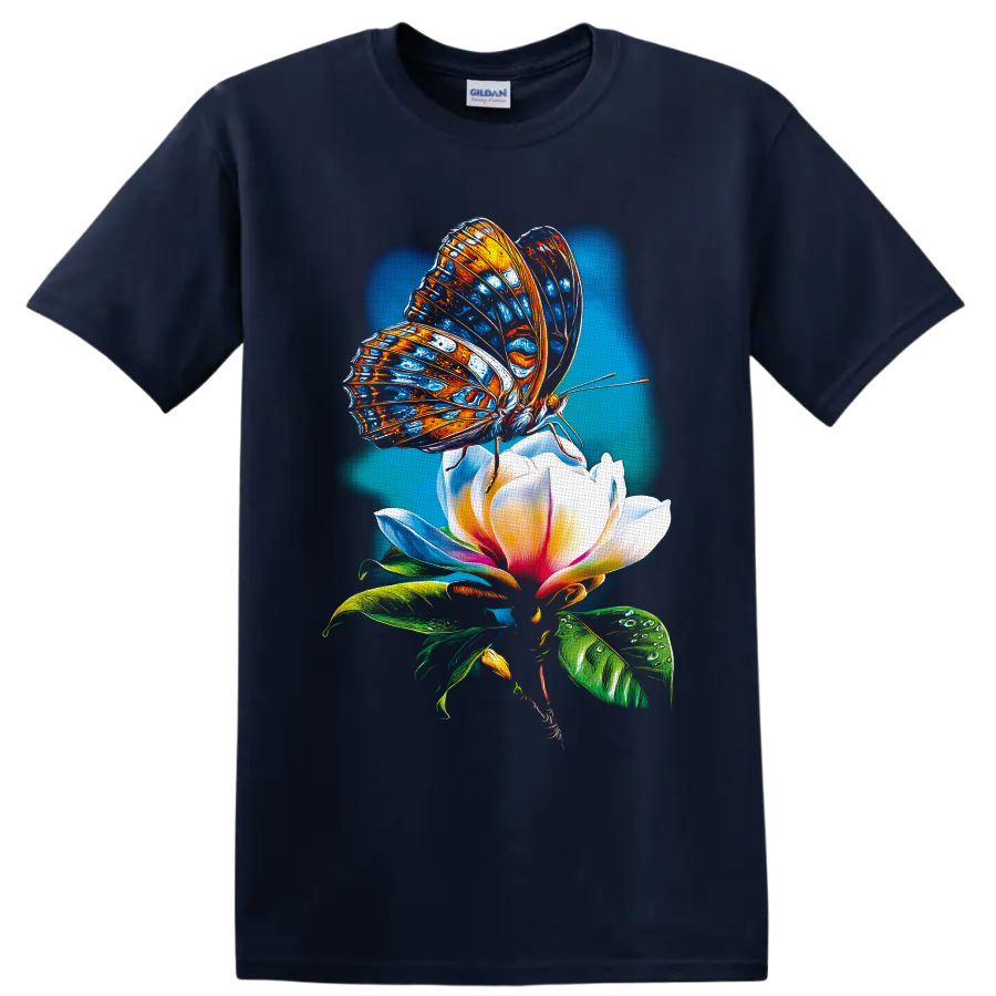 Colorful blue and orange butterfly on a white pink flower in luminous botanical art on a Navy (Blue) T Shirt