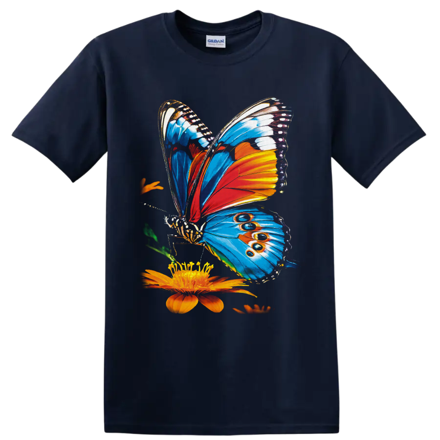 Colorful blue and orange butterfly illustration beside an orange flower on a Navy (Blue) T Shirt