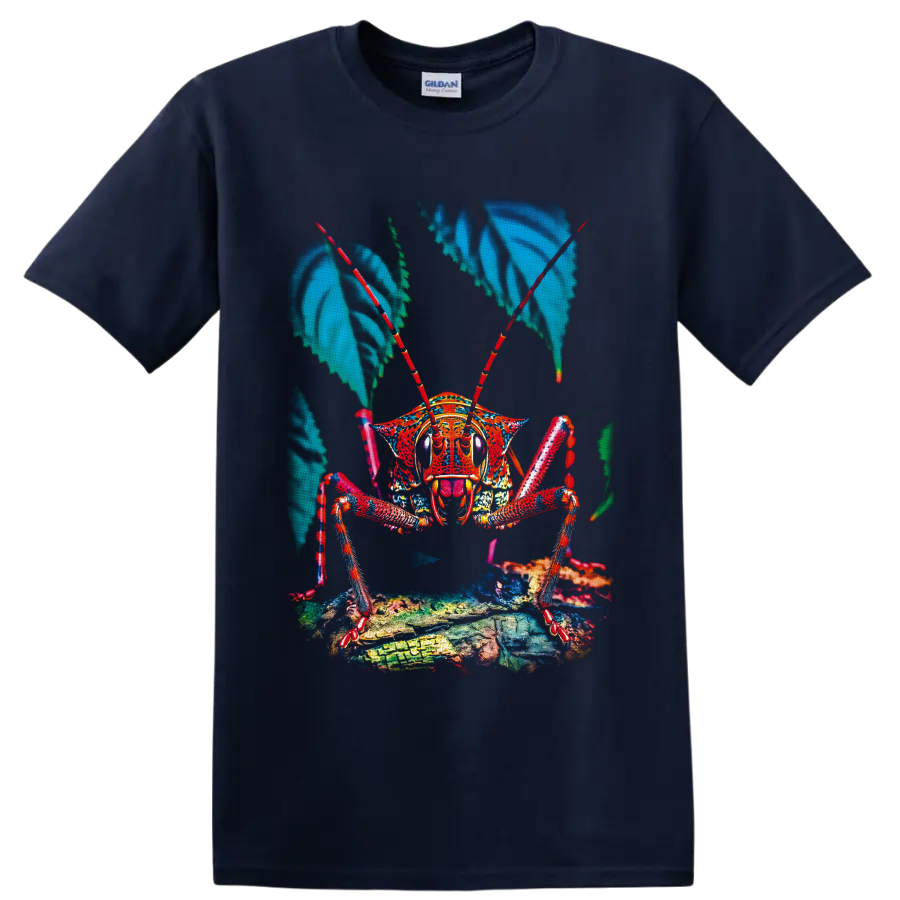 Colorful macro grasshopper illustration with red antennae, blue leaves, and textured on a Navy (Blue) T Shirt
