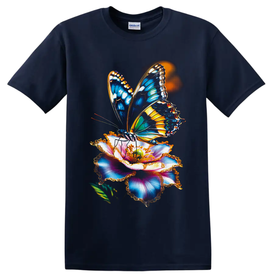 Colorful blue and orange butterfly on a multicolored flower botanical graphic on a Navy (Blue) T Shirt