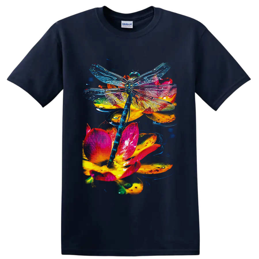 Rainbow dragonfly with detailed wings over vivid pink, orange, and yellow flowers on a Navy (Blue) T Shirt
