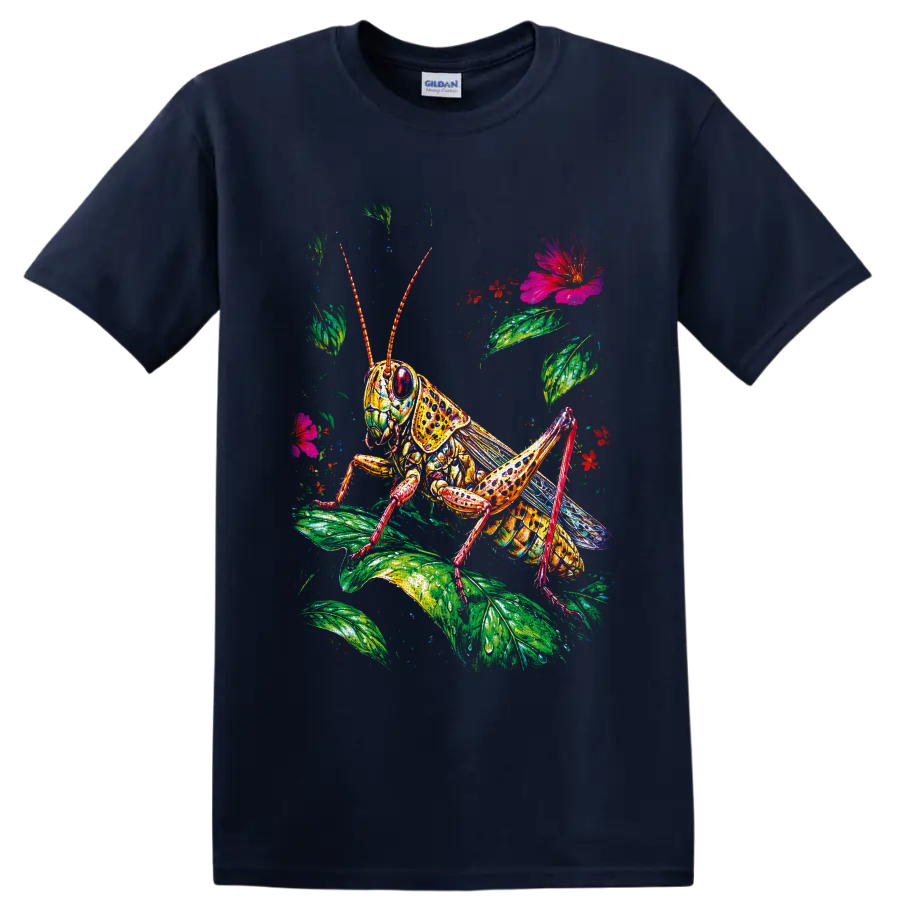 Colorful grasshopper illustration with lush leaves, red blossoms, and a pink flower on a Navy (Blue) T Shirt