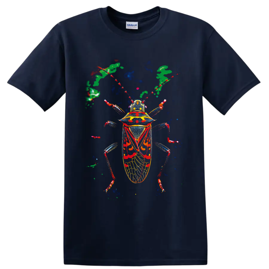 Vibrant anatomical beetle illustration with red, blue, yellow, and green details on a Navy (Blue) T Shirt