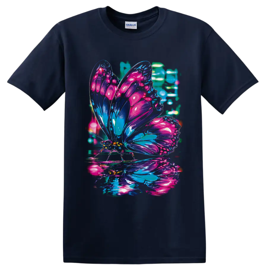Neon butterfly with glossy pink, purple, blue, and teal cyberpunk glass wings on a Navy (Blue) T Shirt