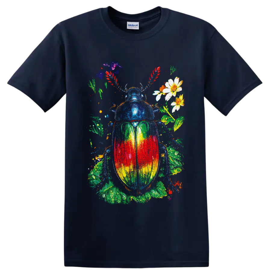 Rainbow scarab beetle with flowers and leafy botanical paint-splatter art on a Navy (Blue) T Shirt