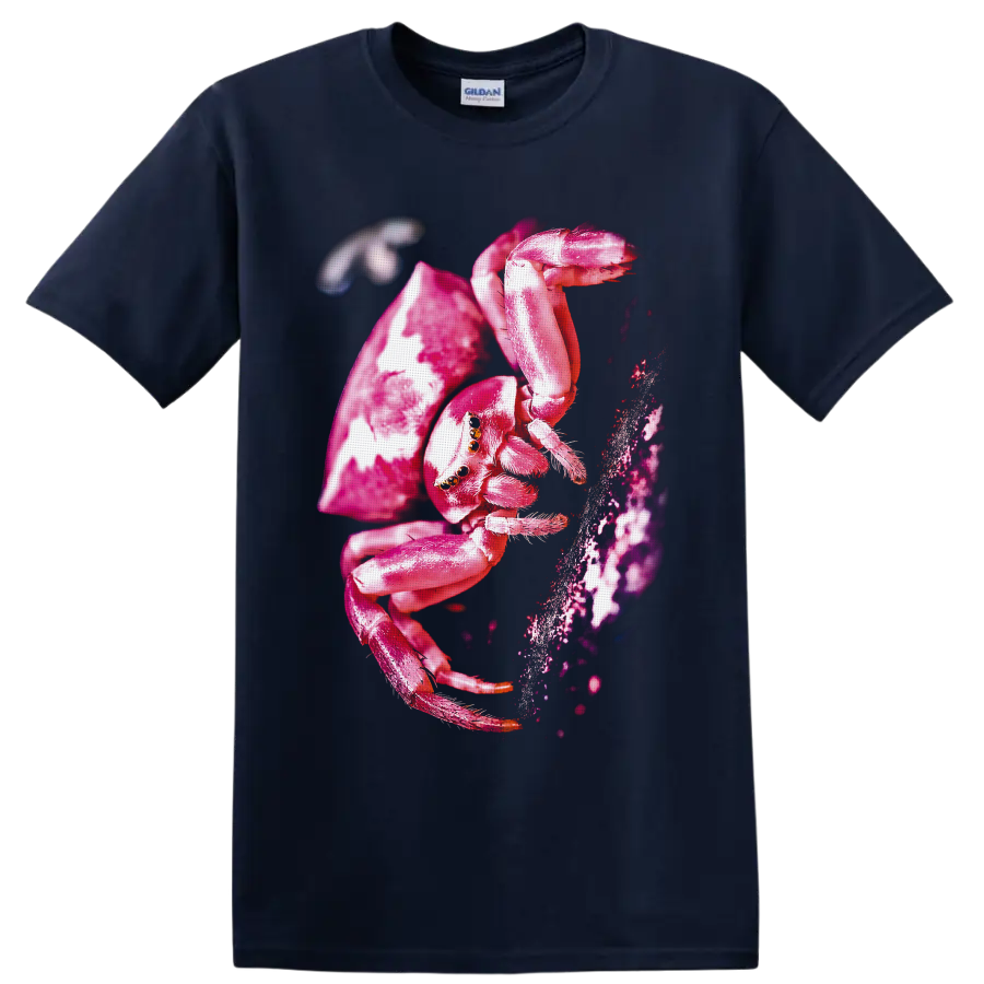 Vivid pink crab spider macro wildlife graphic beside textured bark on a Navy (Blue) T Shirt