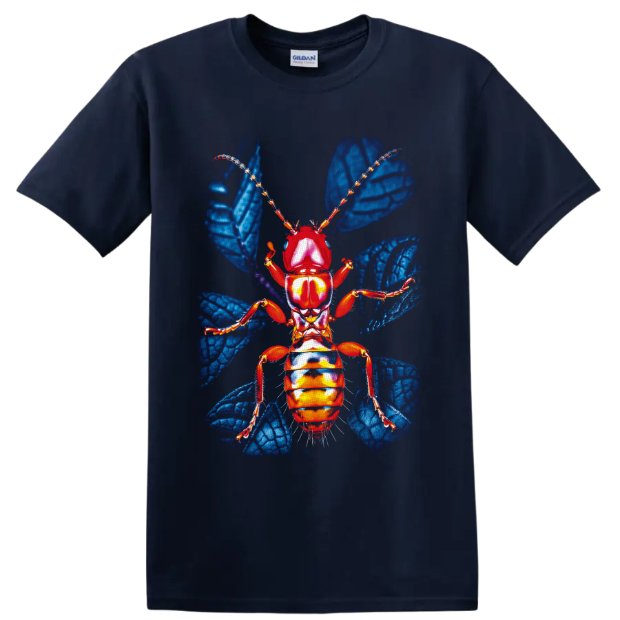 Colorful red-orange ant with blue wings in detailed insect anatomy art on a Navy (Blue) T Shirt