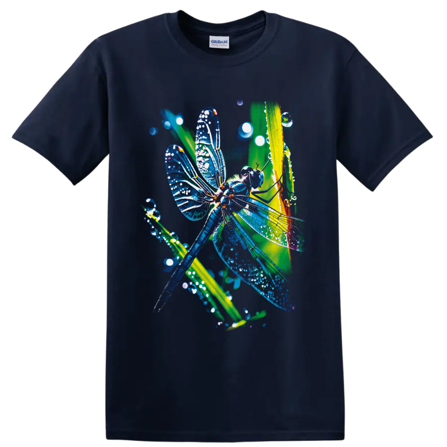 Luminous blue dragonfly with sparkling wings and green stems in colorful nature art on a Navy (Blue) T Shirt