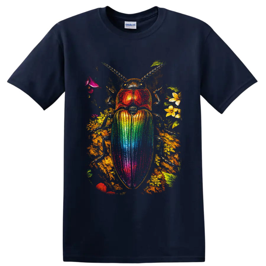 Rainbow scarab beetle with colorful wing case, flowers, leaves, and golden foliage on a Navy (Blue) T Shirt