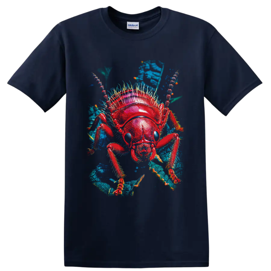Vivid red ant macro illustration with blue eyes and teal leafy background on a Navy (Blue) T Shirt