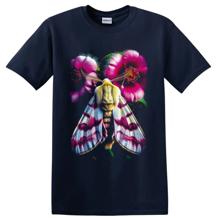 Colorful moth with pink hibiscus flowers in vivid tropical botanical art on a Navy (Blue) T Shirt