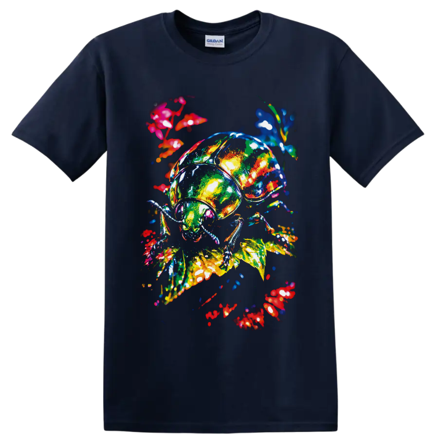 Colorful neon-style beetle amid glowing leaves, stems, and floral botanical accents on a Navy (Blue) T Shirt