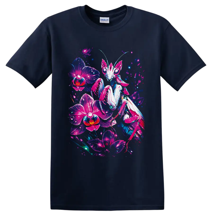 Cyberpunk robotic praying mantis surrounded by glowing neon orchid flowers on a Navy (Blue) T Shirt