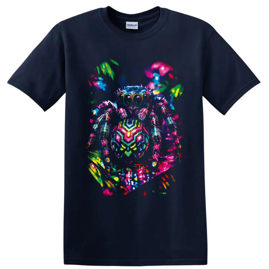 Neon psychedelic spider with glowing eyes, multicolored legs, and abstract garden shapes on a Navy (Blue) T Shirt