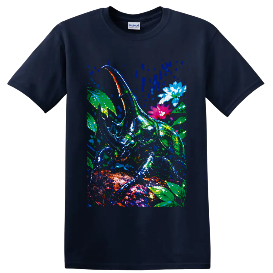 Neon rhinoceros beetle in a tropical botanical scene with colorful flowers on a Navy (Blue) T Shirt