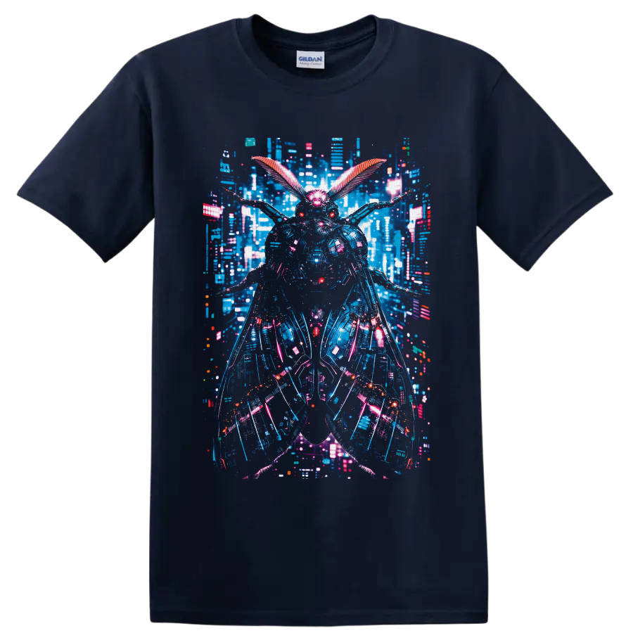 Cyberpunk mechanical moth with neon wings and a futuristic cityscape on a Navy (Blue) T Shirt