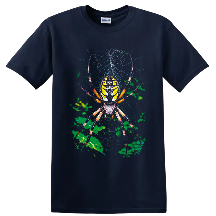 Colorful orb weaver spider with yellow abdomen on a detailed web and green foliage on a Navy (Blue) T Shirt