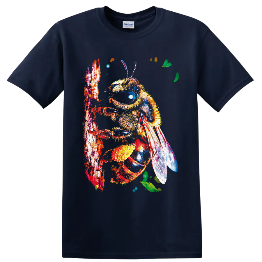 Colorful detailed bumblebee illustration on a textured branch with leaves and translucent on a Navy (Blue) T Shirt