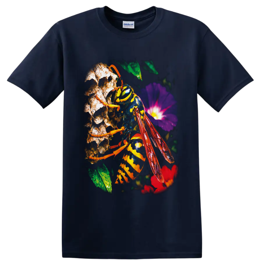 Yellowjacket wasp macro wildlife art with red wings and purple garden flower on a Navy (Blue) T Shirt