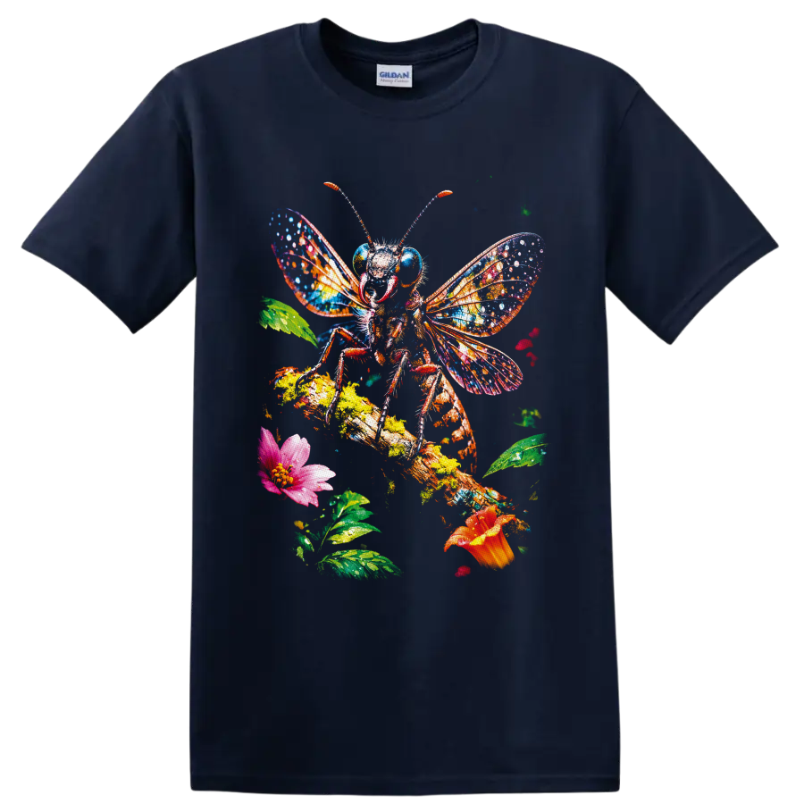 Colorful painted bee with vivid wings, flowers, leaves, and textured garden branch on a Navy (Blue) T Shirt