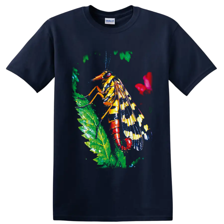 Colorful grasshopper on a green leaf in vivid tropical wildlife art on a Navy (Blue) T Shirt
