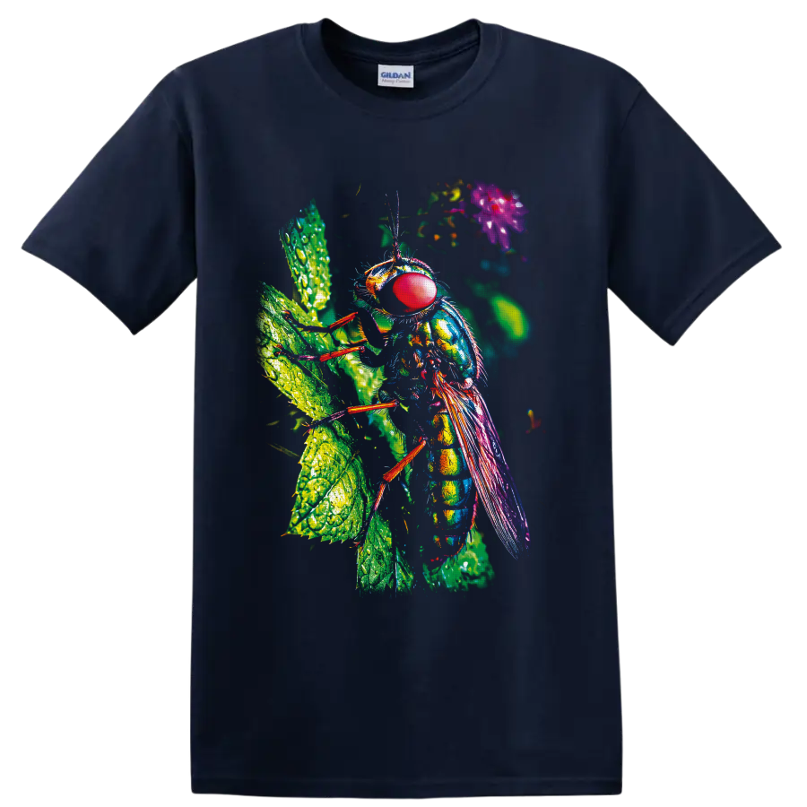 Colorful macro fly with red compound eye and iridescent wings on dew-covered leaves on a Navy (Blue) T Shirt