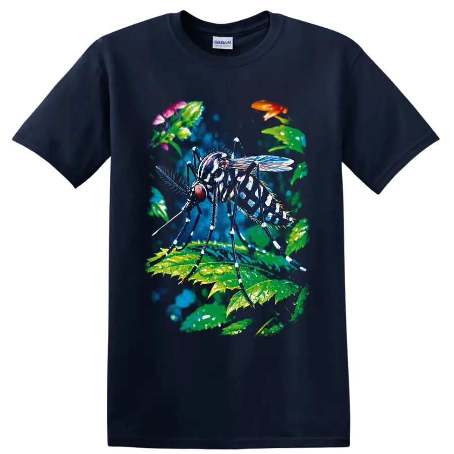 Colorful mosquito illustration with tropical leaves, flowers, and translucent wings on a Navy (Blue) T Shirt