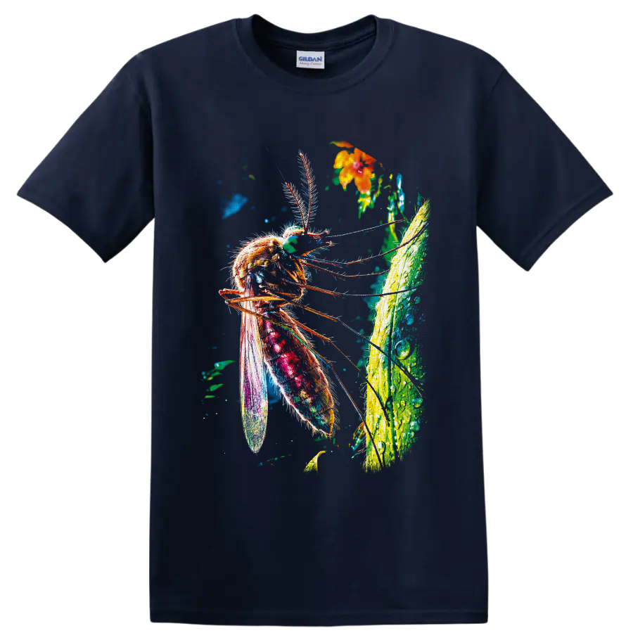 Neon-style mosquito illustration with tropical leaf, orange flower, and colorful wings on a Navy (Blue) T Shirt