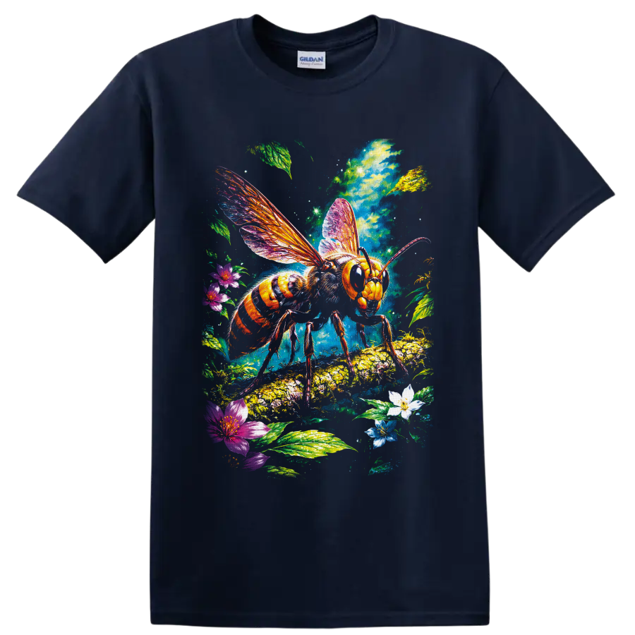 Colorful honey bee with luminous wings, flowers, leaves, and fantasy garden art on a Navy (Blue) T Shirt