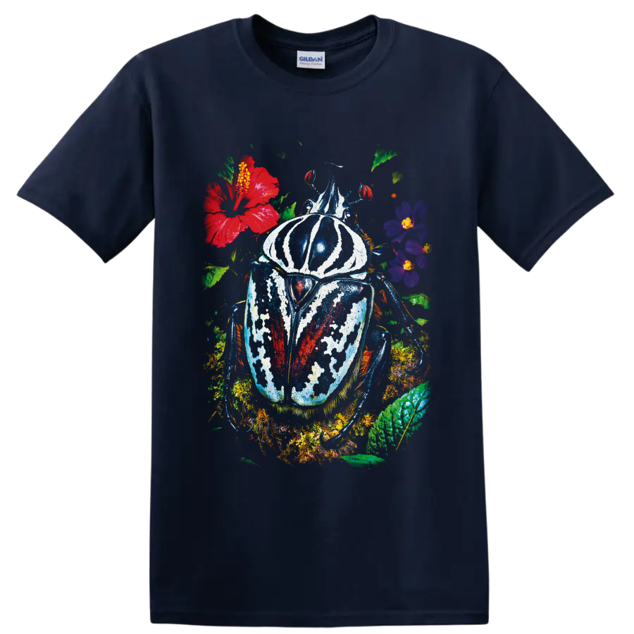 Colorful painted beetle surrounded by tropical flowers and lush botanical foliage on a Navy (Blue) T Shirt