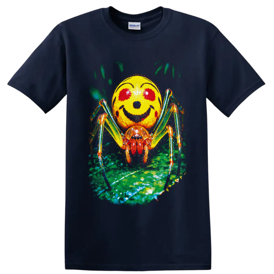 Colorful macro Smiley Face Spider with yellow marked abdomen on a green leaf on a Navy (Blue) T Shirt