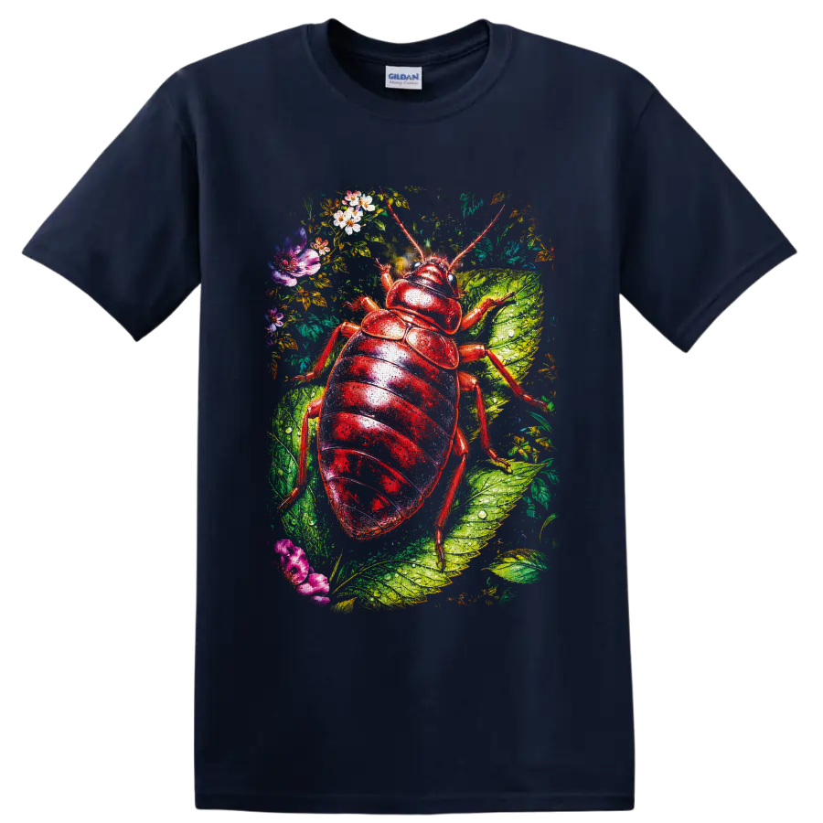 Glossy red beetle botanical illustration with dew-covered leaves and colorful flowers on a Navy (Blue) T Shirt