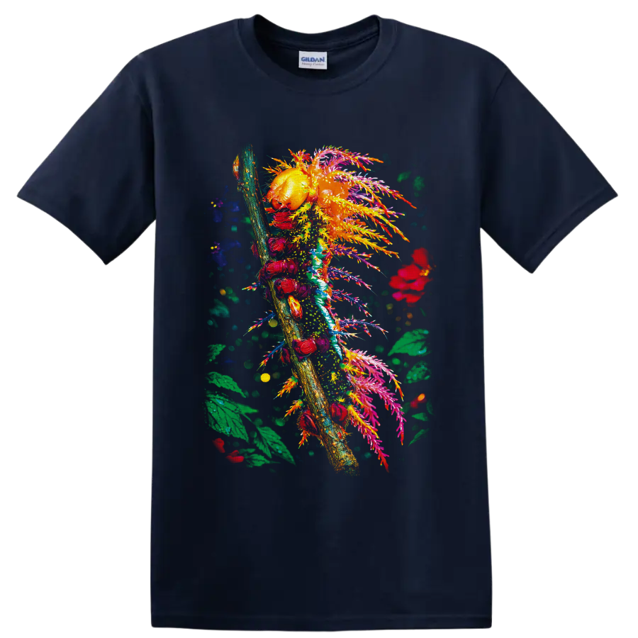 Colorful caterpillar on a branch with tropical leaves, flowers, and painterly splashes on a Navy (Blue) T Shirt