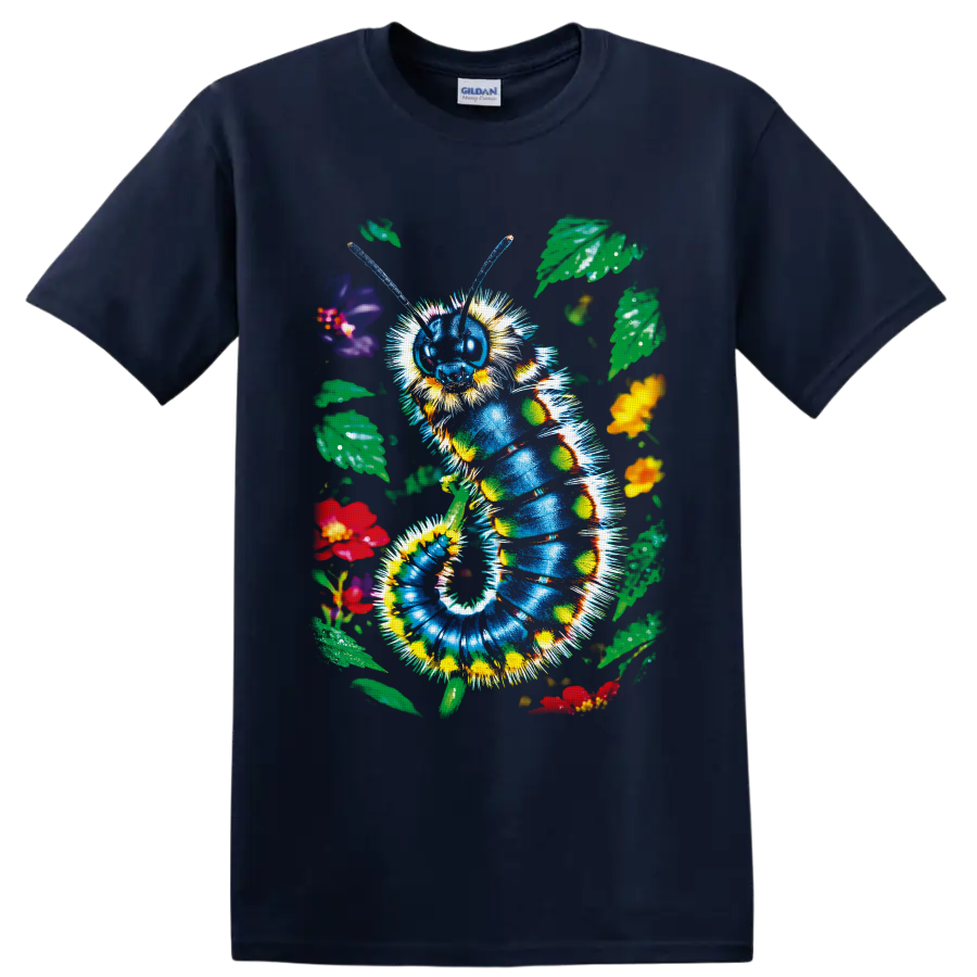 Colorful blue caterpillar with flowers and leaves in whimsical garden art on a Navy (Blue) T Shirt