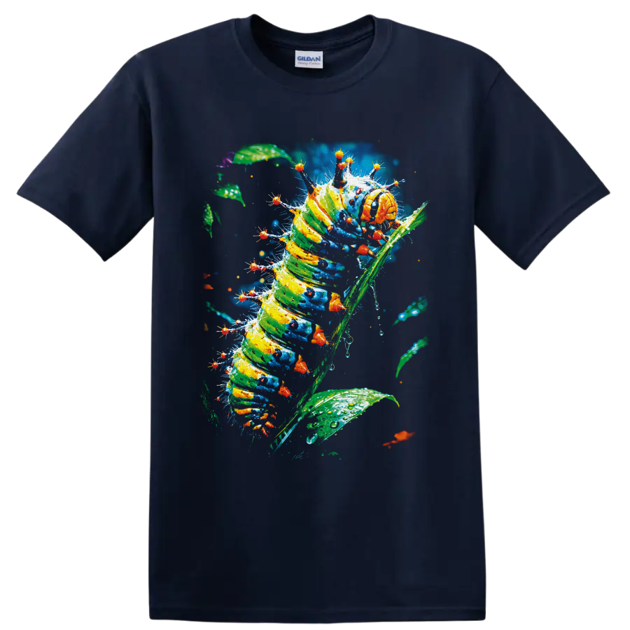 Colorful painterly caterpillar climbing a leafy stem with tiny orange insects on a Navy (Blue) T Shirt