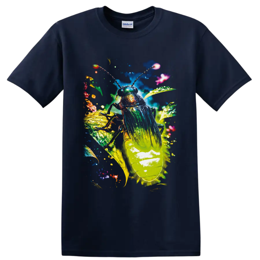 Colorful surreal cockroach with luminous wings, tropical leaves, and sparkling details on a Navy (Blue) T Shirt