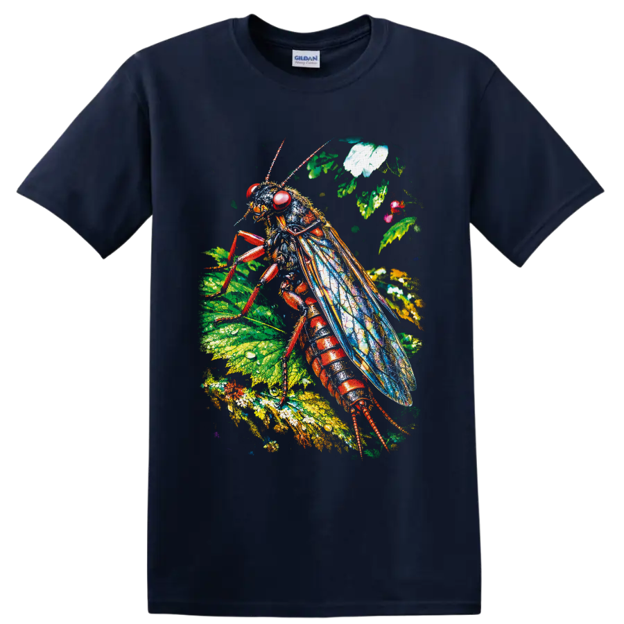 Colorful cockroach illustration with blue wings, red body, leaves, and flowers on a Navy (Blue) T Shirt