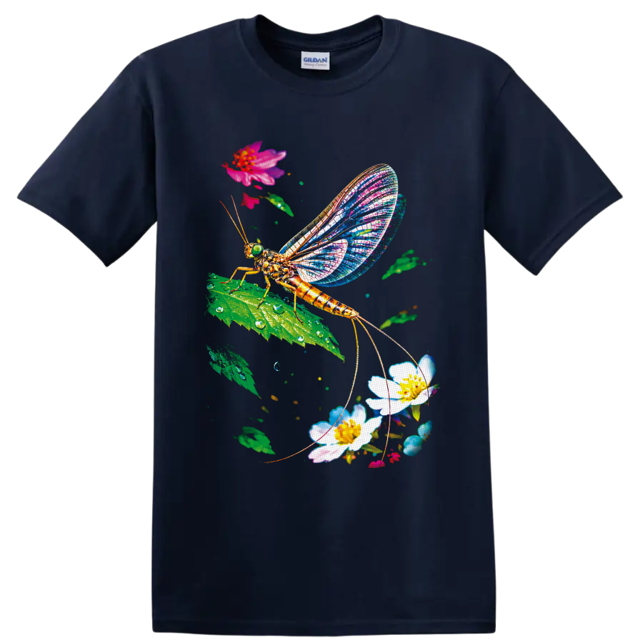 Colorful mayfly with mosaic wings on a leaf among flowers and water droplets on a Navy (Blue) T Shirt