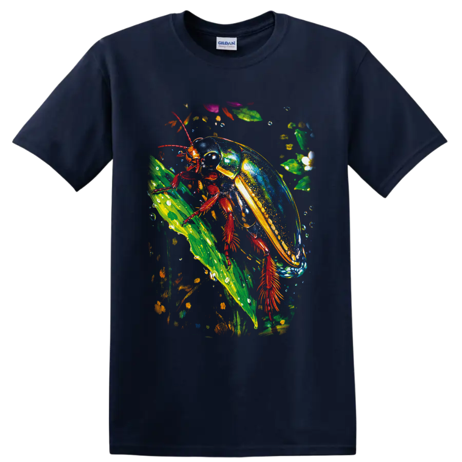Colorful jewel-toned beetle climbing a tropical leaf in vivid painted nature art on a Navy (Blue) T Shirt