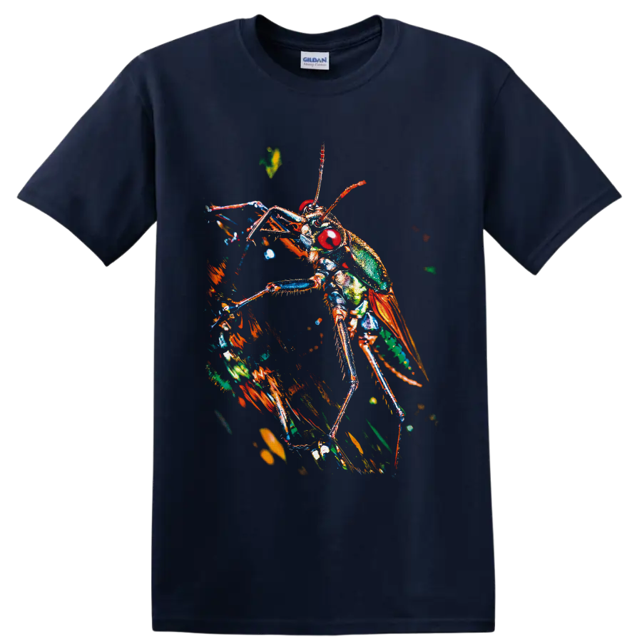 Colorful macro-style grasshopper with red eyes, green body, orange wings, and long legs on a Navy (Blue) T Shirt