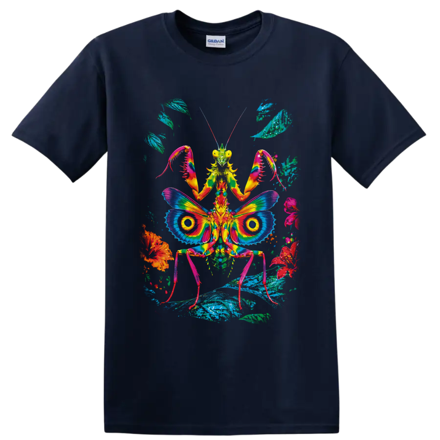 Psychedelic praying mantis with rainbow butterfly-like wings, flowers, and leaves on a Navy (Blue) T Shirt