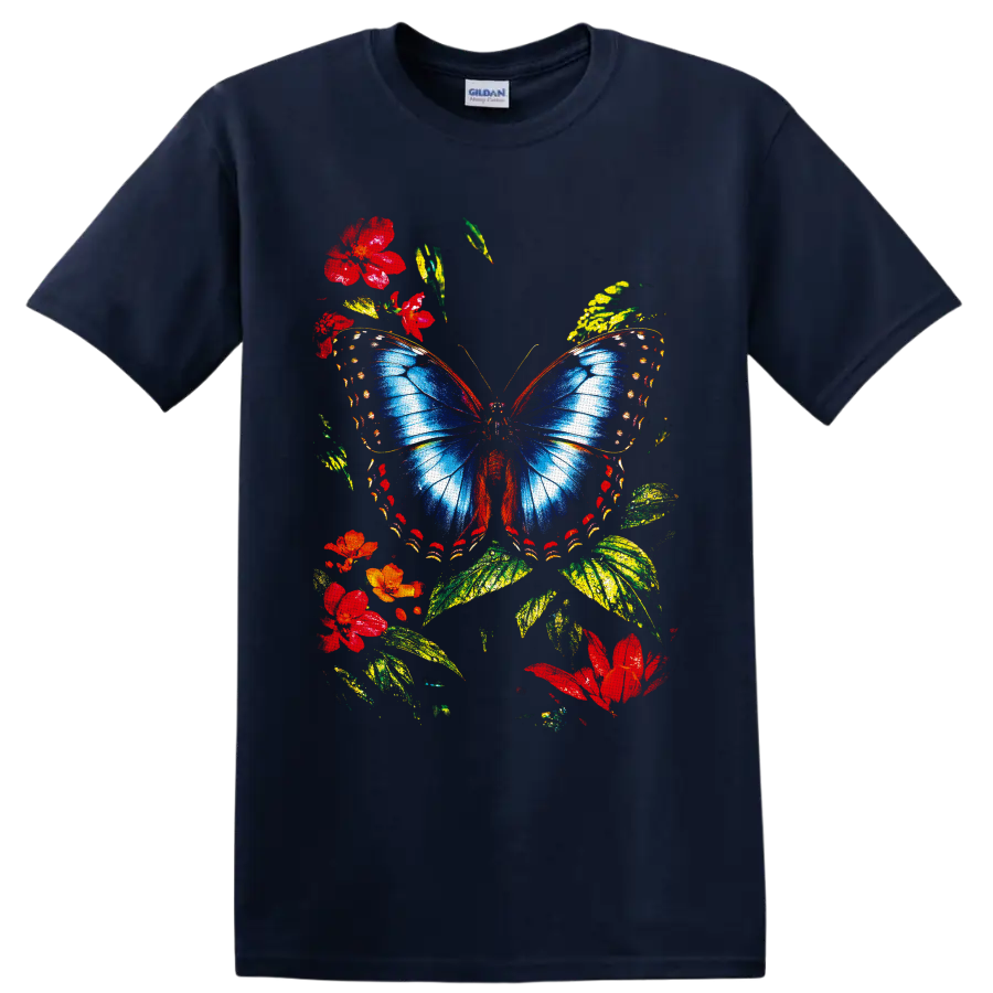 Blue butterfly with red flowers and green leaves in a colorful botanical graphic on a Navy (Blue) T Shirt