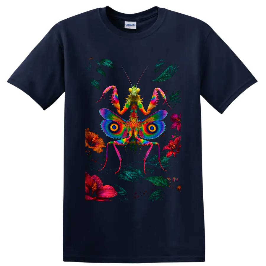 Psychedelic praying mantis with rainbow butterfly wings, flowers, and foliage on a Navy (Blue) T Shirt