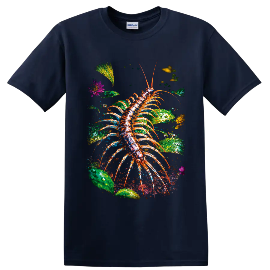 Detailed colorful centipede among dew-covered leaves, flowers, and garden soil on a Navy (Blue) T Shirt