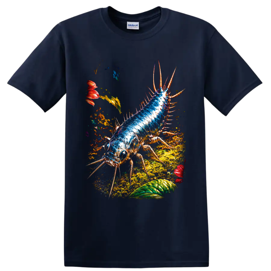 Blue spiny arthropod insect in vivid forest-floor graphic art on a Navy (Blue) T Shirt