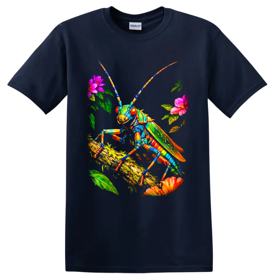 Colorful grasshopper on a mossy branch with flowers and leaves in vivid botanical art on a Navy (Blue) T Shirt