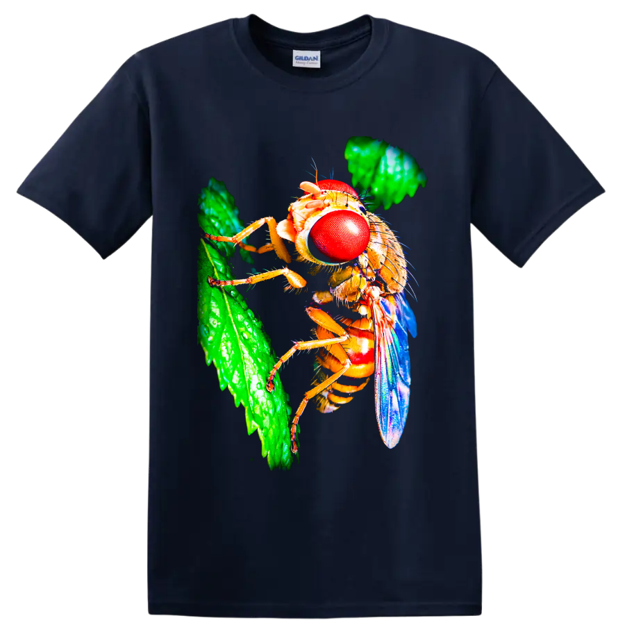 Macro fly with vivid red compound eyes, blue wings, and green leaf nature art on a Navy (Blue) T Shirt